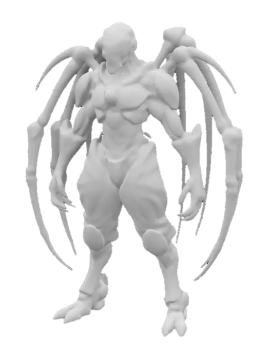 3D model for sci-fi fantasy robotic spider humanoid creature, spider body and humanoid like structure, terrifying expression, spider in attack, clawed limbs, covered in torn clothes, extremely details, high resolution texture, epic stance