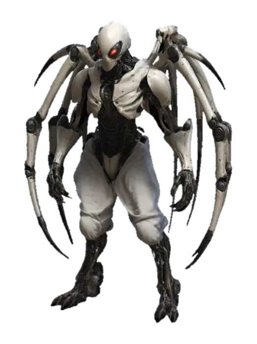 3D model for sci-fi fantasy robotic spider humanoid creature, spider body and humanoid like structure, terrifying expression, spider in attack, clawed limbs, covered in torn clothes, extremely details, high resolution texture, epic stance