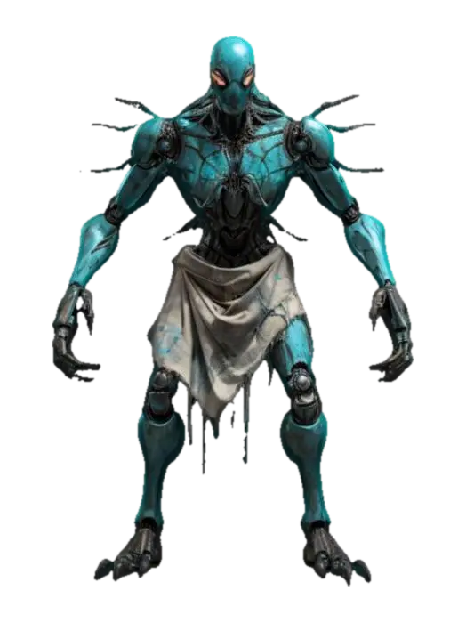 3D model for sci-fi fantasy robotic spider humanoid creature, spider body and humanoid like structure, terrifying expression, spider in attack, clawed limbs, covered in torn clothes, extremely details, high resolution texture, epic stance