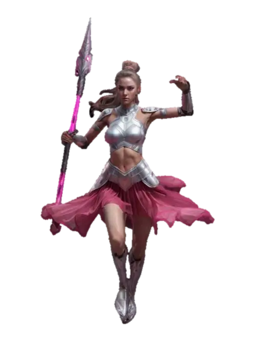 sci-fi war female dancer in high detail, thin graceful body, tight clothing on the… - Spear 3D model, vytvořený pomocí AI