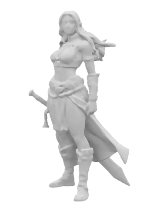 3D model for fantasy female barbarian, massive body but graceful curves, body dressed in simple robes, leather armor, tough but pretty face, in attack, holding a massive sword in her hand, extremely detailed, high resolution texture, epic proud stance