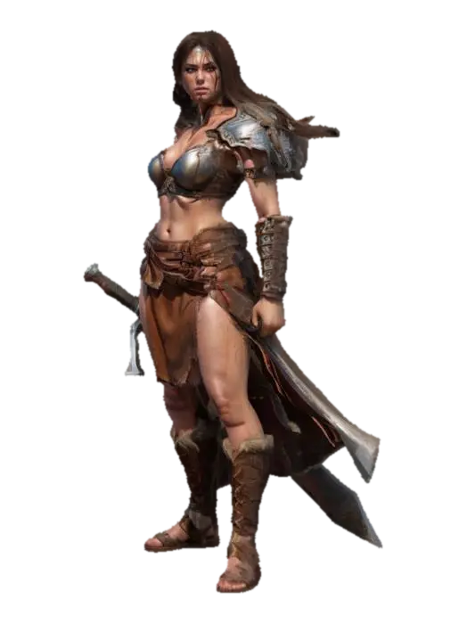3D model for fantasy female barbarian, massive body but graceful curves, body dressed in simple robes, leather armor, tough but pretty face, in attack, holding a massive sword in her hand, extremely detailed, high resolution texture, epic proud stance