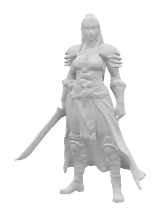 3D model for fantasy female barbarian, massive body but graceful curves, body dressed in simple robes, leather armor, tough but pretty face, in attack, holding a massive sword in her hand, extremely detailed, high resolution texture, epic proud stance