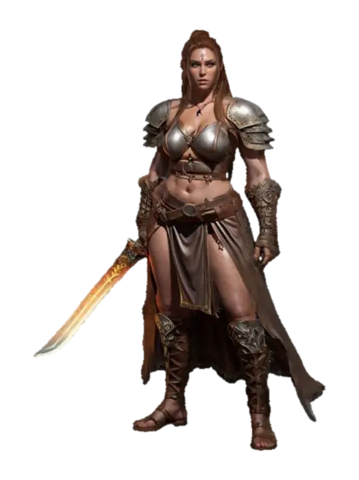 3D model for fantasy female barbarian, massive body but graceful curves, body dressed in simple robes, leather armor, tough but pretty face, in attack, holding a massive sword in her hand, extremely detailed, high resolution texture, epic proud stance