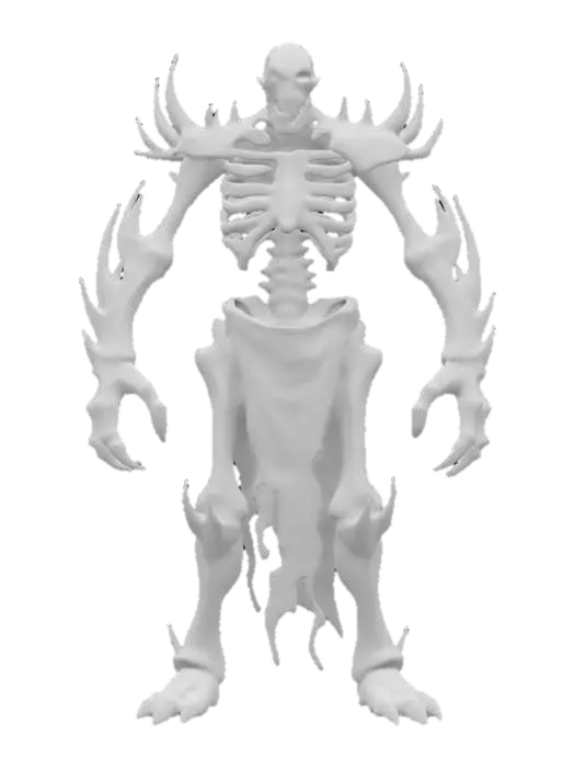 3D model for fantasy dark bone demon, tall powerful bony body, armor and torn rags of clothing fluttering in the wind, in attack, terrifying face, hands reaching forward, along the body of a barbed spike, extremely details, high resolution texture, epic stance