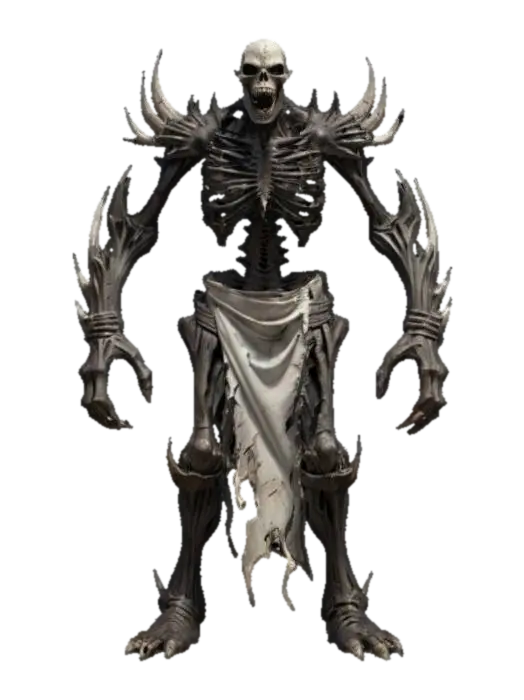 3D model for fantasy dark bone demon, tall powerful bony body, armor and torn rags of clothing fluttering in the wind, in attack, terrifying face, hands reaching forward, along the body of a barbed spike, extremely details, high resolution texture, epic stance