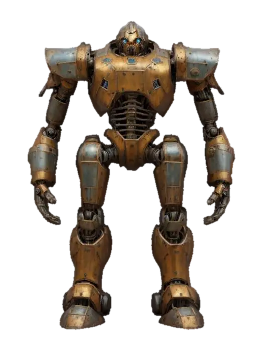 3D model for fantasy mechanical robot, tall strong body, made according to the plans of dwarven technologists, small head, massive arms and legs, entire body covered in metal plating, extremely details, high resolution texture, epic stance