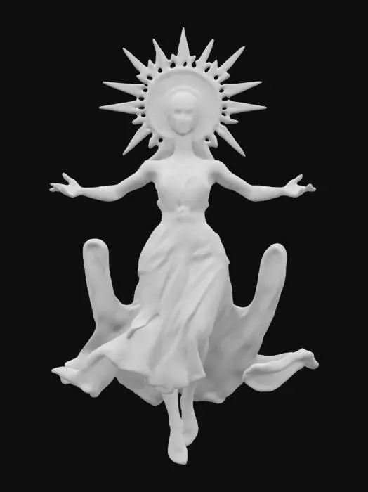 3D model for fantasy floating powerful witch, slim elegant body, palms up, elegant but modest clothing, sun witch, large sun headband on head, delicate and pretty face, in action, extremely details, high resolution texture, epic stance