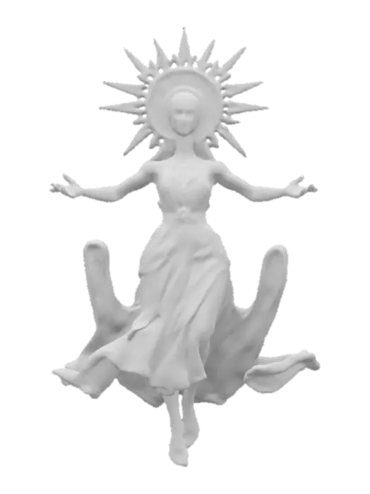 3D model for fantasy floating powerful witch, slim elegant body, palms up, elegant but modest clothing, sun witch, large sun headband on head, delicate and pretty face, in action, extremely details, high resolution texture, epic stance