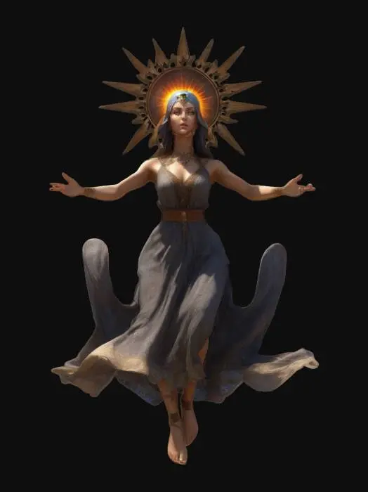 3D model for fantasy floating powerful witch, slim elegant body, palms up, elegant but modest clothing, sun witch, large sun headband on head, delicate and pretty face, in action, extremely details, high resolution texture, epic stance