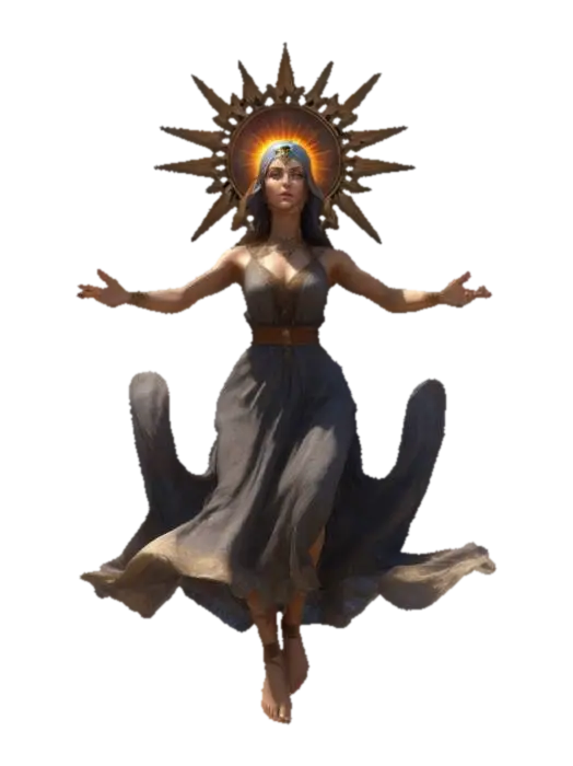 3D model for fantasy floating powerful witch, slim elegant body, palms up, elegant but modest clothing, sun witch, large sun headband on head, delicate and pretty face, in action, extremely details, high resolution texture, epic stance