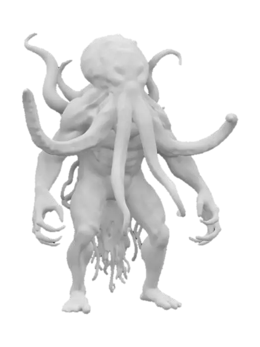 3D model for creature octopus, massive head with tentacles, whole body floating in the air, cyber clothing all over the body, softly glowing, scary face, terrifying mouth, in attack, extremely details, high resolution texture, epic stance