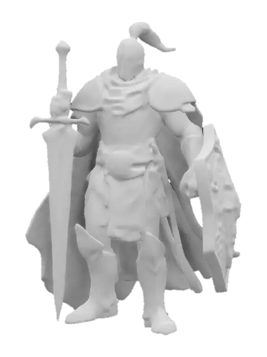 3D model for fantasy powerful knight, powerful muscular body, beautiful armor on the body, flowing cloak, holding a sword and shield in his hand, majestic appearance, extremely detailed, high resolution texture, epic stance