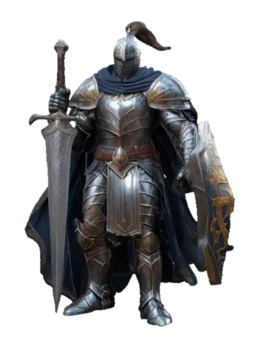 3D model for fantasy powerful knight, powerful muscular body, beautiful armor on the body, flowing cloak, holding a sword and shield in his hand, majestic appearance, extremely detailed, high resolution texture, epic stance