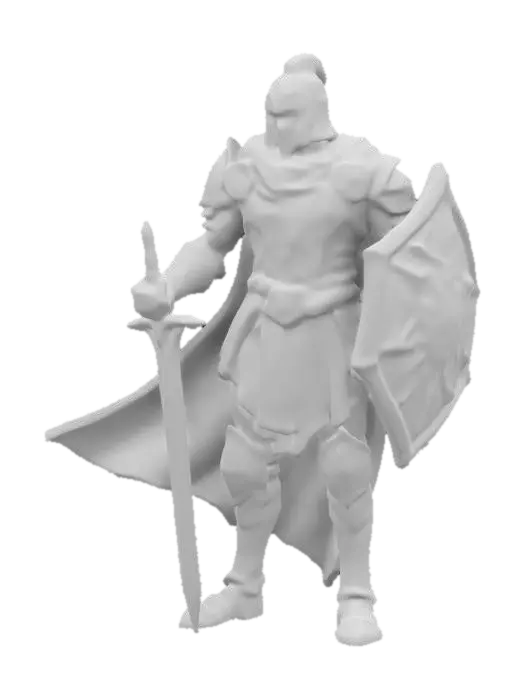 3D model for fantasy powerful knight, powerful muscular body, beautiful armor on the body, flowing cloak, holding a sword and shield in his hand, majestic appearance, extremely detailed, high resolution texture, epic stance