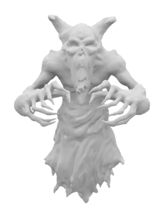 3D model for fantasy dark wraith, body floating in the air and emerging from the darkness, lower body disappearing into the darkness, massive toothy muzzle, massive hands reaching forward, terrifying expression, in an attacking position, extremely details, high resolution texture, epic stance