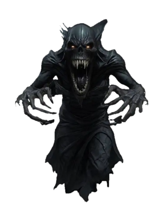 3D model for fantasy dark wraith, body floating in the air and emerging from the darkness, lower body disappearing into the darkness, massive toothy muzzle, massive hands reaching forward, terrifying expression, in an attacking position, extremely details, high resolution texture, epic stance