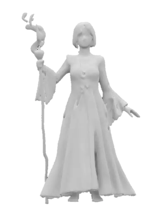 3D model for fantasy female illusionist dark wizard, slim beautiful figure, in action, holding a staff emitting light effects, dark elegant luminous clothing, delicate beautiful face, short groomed hair, extremely details, high resolution texture, epic stance