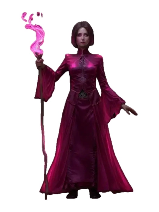 3D model for fantasy female illusionist dark wizard, slim beautiful figure, in action, holding a staff emitting light effects, dark elegant luminous clothing, delicate beautiful face, short groomed hair, extremely details, high resolution texture, epic stance