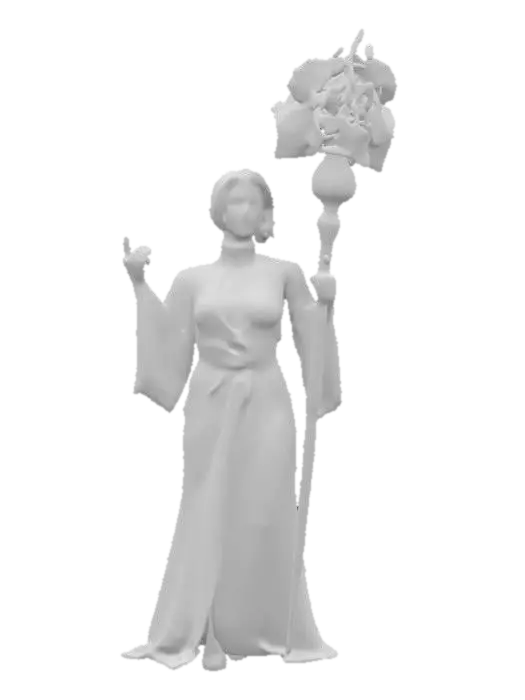 3D model for fantasy female illusionist dark wizard, slim beautiful figure, in action, holding a staff emitting light effects, dark elegant luminous clothing, delicate beautiful face, short groomed hair, extremely details, high resolution texture, epic stance