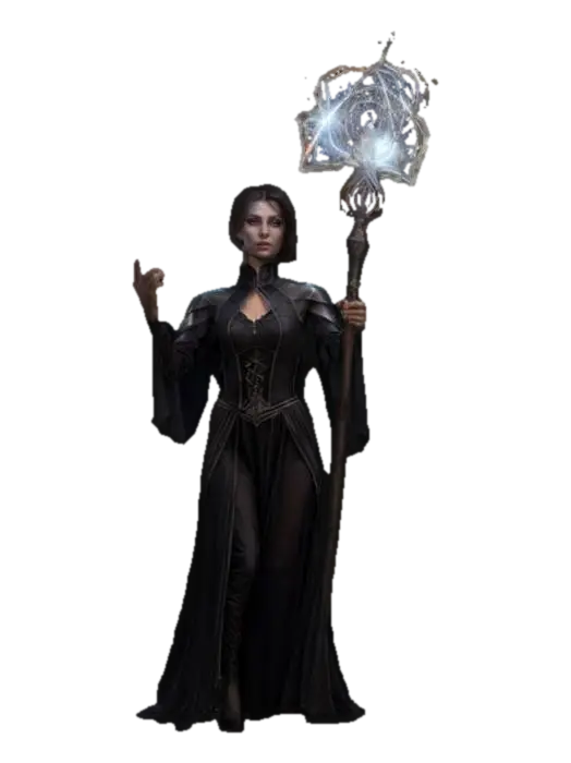 3D model for fantasy female illusionist dark wizard, slim beautiful figure, in action, holding a staff emitting light effects, dark elegant luminous clothing, delicate beautiful face, short groomed hair, extremely details, high resolution texture, epic stance