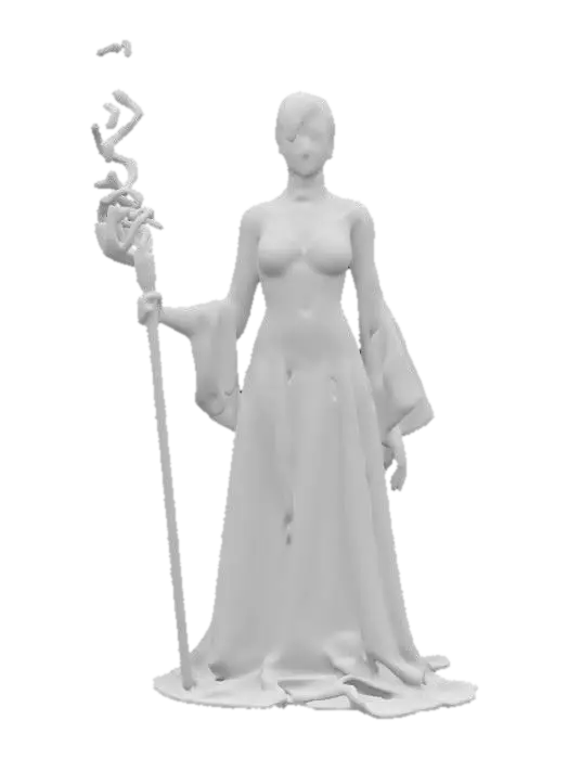 3D model for fantasy female illusionist dark wizard, slim beautiful figure, in action, holding a staff emitting light effects, dark elegant luminous clothing, delicate beautiful face, short groomed hair, extremely details, high resolution texture, epic stance