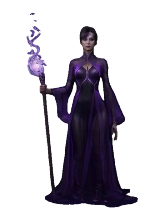 3D model for fantasy female illusionist dark wizard, slim beautiful figure, in action, holding a staff emitting light effects, dark elegant luminous clothing, delicate beautiful face, short groomed hair, extremely details, high resolution texture, epic stance