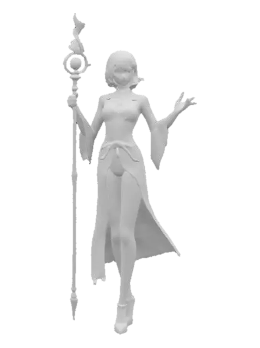 3D model for fantasy female illusionist dark wizard, slim beautiful figure, in action, holding a staff emitting light effects, dark elegant luminous clothing, delicate beautiful face, short groomed hair, extremely details, high resolution texture, epic stance