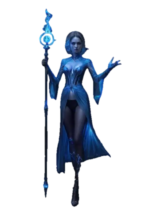 3D model for fantasy female illusionist dark wizard, slim beautiful figure, in action, holding a staff emitting light effects, dark elegant luminous clothing, delicate beautiful face, short groomed hair, extremely details, high resolution texture, epic stance