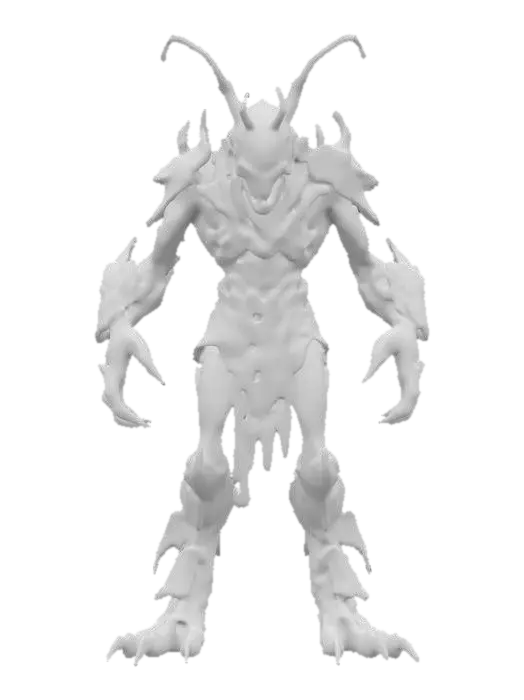 3D model for sci-fi fantasy robotic locust humanoid creature, locust body and humanoid like structure, terrifying expression, in attack, clawed limbs, covered in torn clothes, extremely details, high resolution texture, epic stance