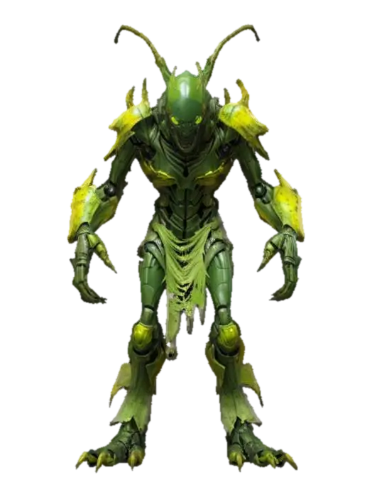 3D model for sci-fi fantasy robotic locust humanoid creature, locust body and humanoid like structure, terrifying expression, in attack, clawed limbs, covered in torn clothes, extremely details, high resolution texture, epic stance