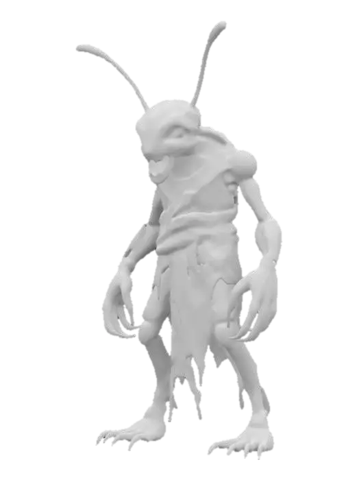 3D model for sci-fi fantasy robotic locust humanoid creature, locust body and humanoid like structure, terrifying expression, in attack, clawed limbs, covered in torn clothes, extremely details, high resolution texture, epic stance