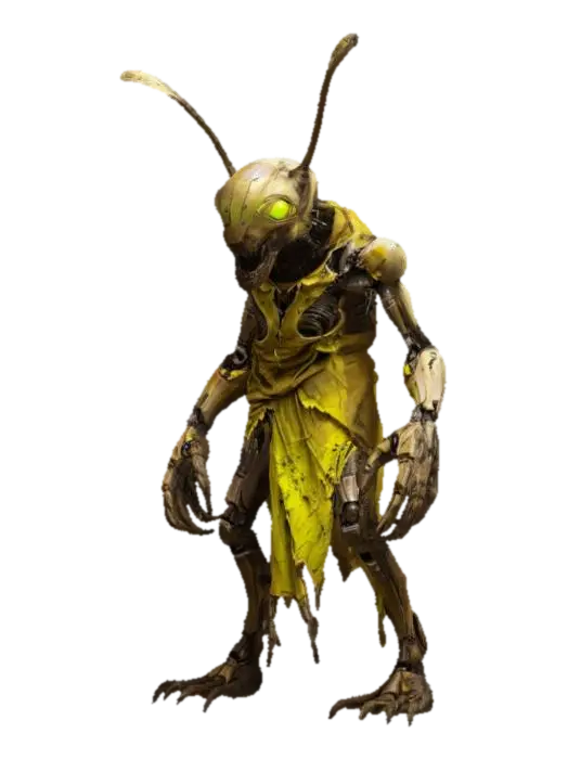 3D model for sci-fi fantasy robotic locust humanoid creature, locust body and humanoid like structure, terrifying expression, in attack, clawed limbs, covered in torn clothes, extremely details, high resolution texture, epic stance