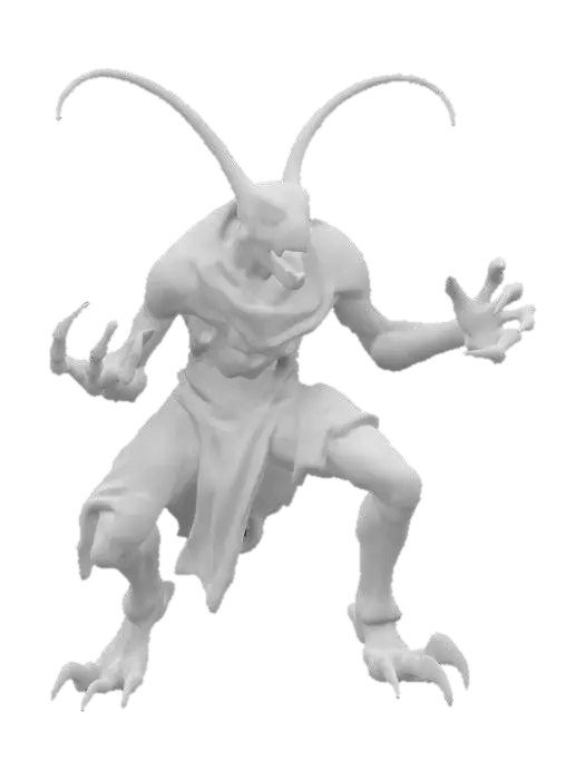 3D model for sci-fi fantasy robotic locust humanoid creature, locust body and humanoid like structure, terrifying expression, in attack, clawed limbs, covered in torn clothes, extremely details, high resolution texture, epic stance