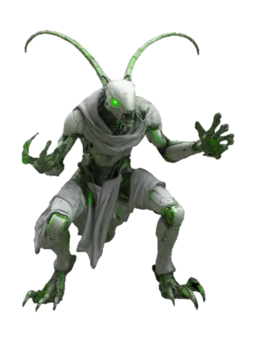 3D model for sci-fi fantasy robotic locust humanoid creature, locust body and humanoid like structure, terrifying expression, in attack, clawed limbs, covered in torn clothes, extremely details, high resolution texture, epic stance