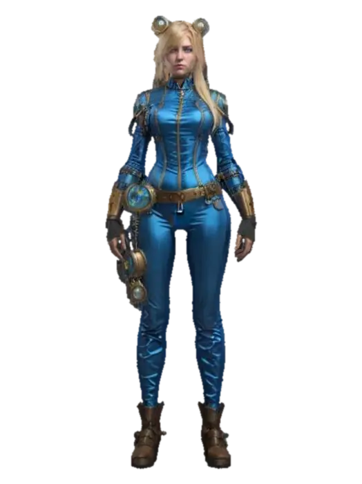 fantasy steampunk female technologist, slim graceful body, arms around body or on… - Devices 3D model, vytvořený pomocí AI