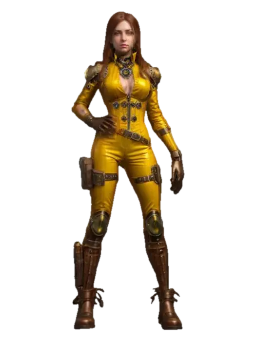 fantasy steampunk female technologist, slim graceful body, arms around body or on… - Devices 3D model, vytvořený pomocí AI