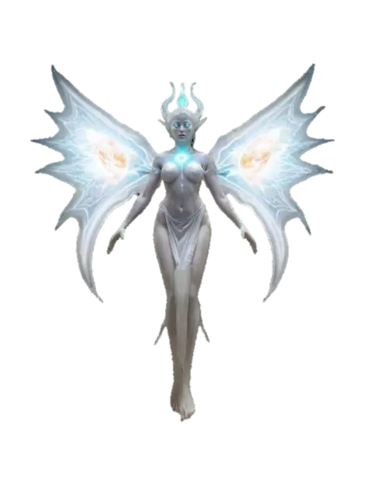 3D model for female supernatural queen elemental, her entire body levitates in the air and radiates energy, a bright glow comes out from behind her back, her body is alabaster white, highly detailed beautiful face, extremely details, high resolution texture, epic stance, #women#