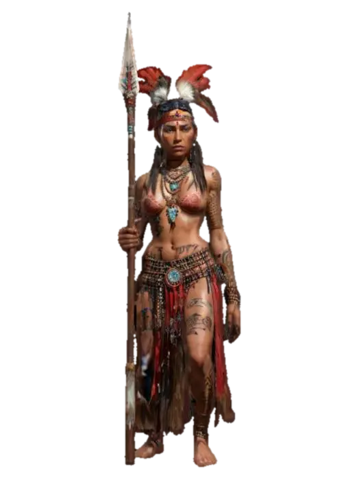 fantasy Native Americans female warrior, slim and tall body, brown red skin covered… - Spear 3D model, vytvořený pomocí AI