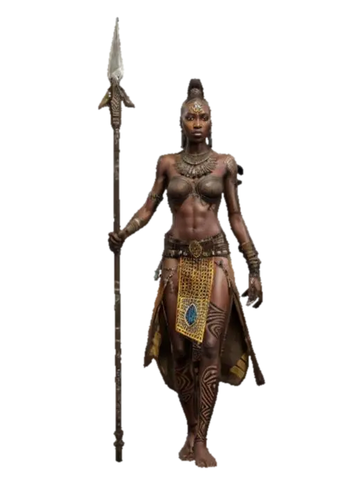 fantasy african female warrior, slim and tall body, dark skin covered with tattoos,… 3D model, vytvořený pomocí AI