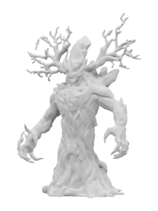 3D model for fantasy forest rock elemental, body made of a large crystal that surrounds a tree with dry branches, small crystals are ingrown all over the body, menacing face, hands made of dry branches with long claws, extremely details, high resolution texture, epic stance