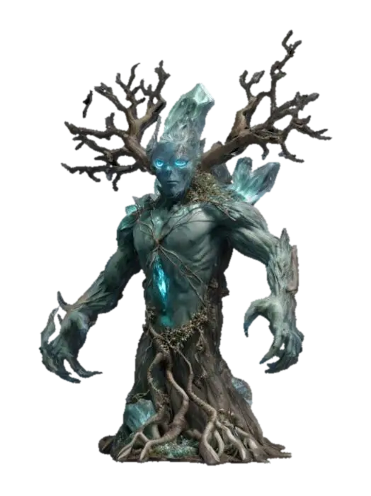 3D model for fantasy forest rock elemental, body made of a large crystal that surrounds a tree with dry branches, small crystals are ingrown all over the body, menacing face, hands made of dry branches with long claws, extremely details, high resolution texture, epic stance