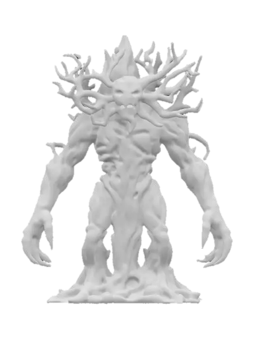 3D model for fantasy forest rock elemental, body made of a large crystal that surrounds a tree with dry branches, small crystals are ingrown all over the body, menacing face, hands made of dry branches with long claws, extremely details, high resolution texture, epic stance