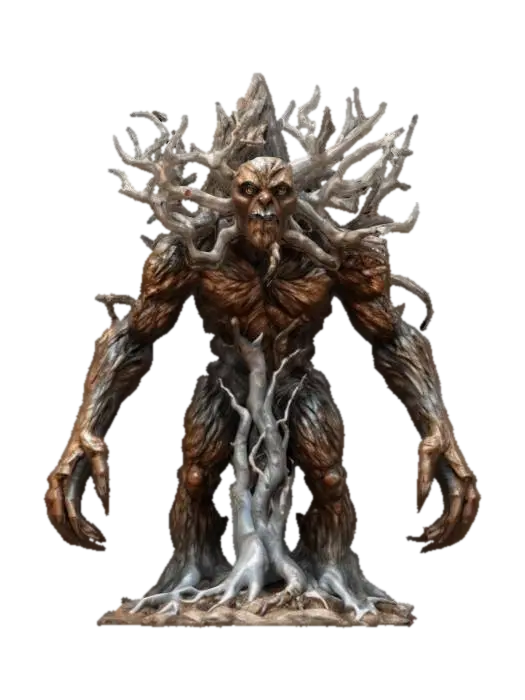 3D model for fantasy forest rock elemental, body made of a large crystal that surrounds a tree with dry branches, small crystals are ingrown all over the body, menacing face, hands made of dry branches with long claws, extremely details, high resolution texture, epic stance
