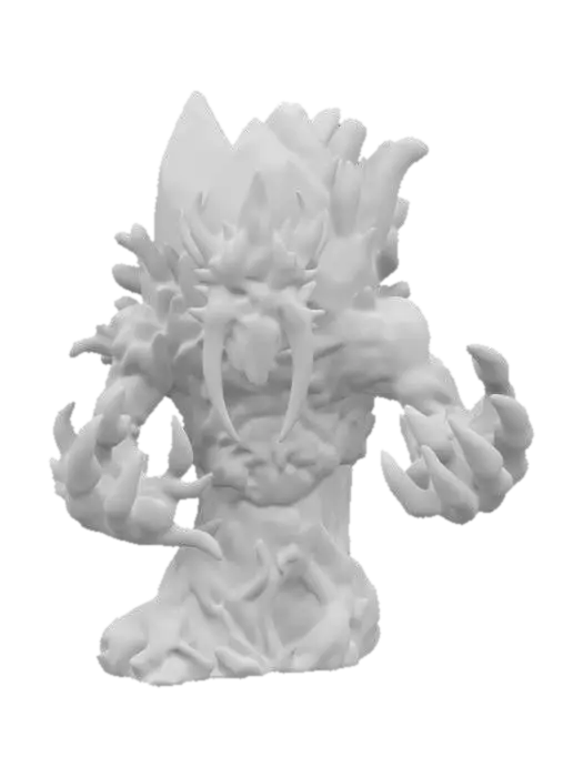 3D model for fantasy forest rock elemental, body made of a large crystal that surrounds a tree with dry branches, small crystals are ingrown all over the body, menacing face, hands made of dry branches with long claws, extremely details, high resolution texture, epic stance