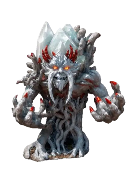 3D model for fantasy forest rock elemental, body made of a large crystal that surrounds a tree with dry branches, small crystals are ingrown all over the body, menacing face, hands made of dry branches with long claws, extremely details, high resolution texture, epic stance