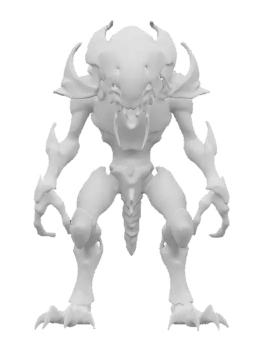 3D model for space enemy alien, beetle-like body with lots of folds, body covered in metal-plastic, dark look and beetle-like large mouth, technological clothing, body parts glowing, extremely details, high resolution texture, epic stance