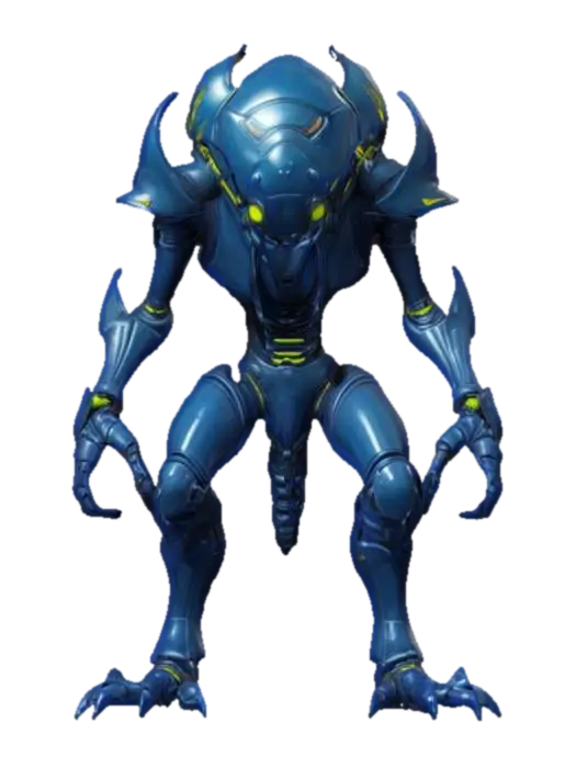 3D model for space enemy alien, beetle-like body with lots of folds, body covered in metal-plastic, dark look and beetle-like large mouth, technological clothing, body parts glowing, extremely details, high resolution texture, epic stance