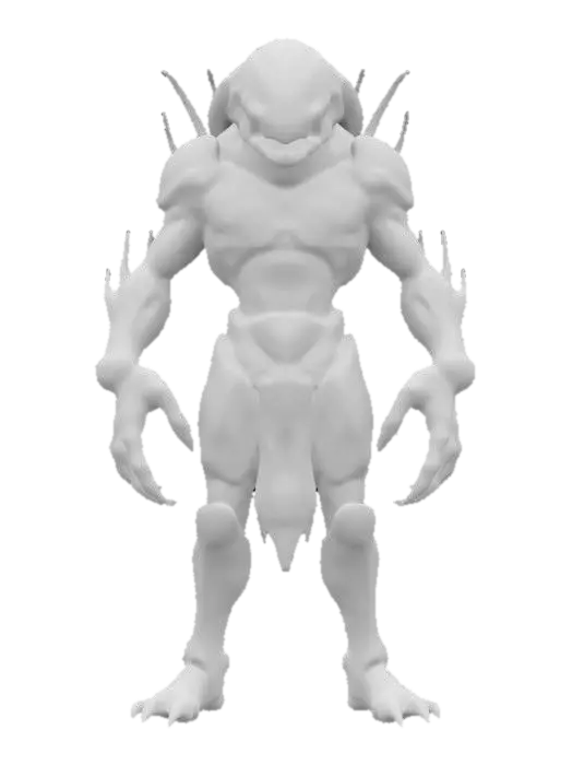 3D model for space enemy alien, beetle-like body with lots of folds, body covered in metal-plastic, dark look and beetle-like large mouth, technological clothing, body parts glowing, extremely details, high resolution texture, epic stance
