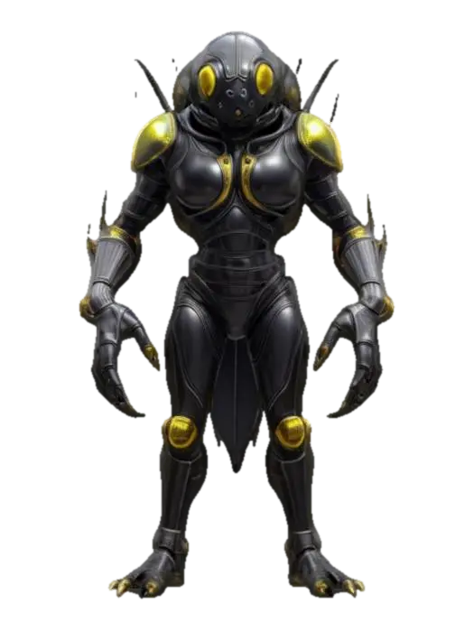 3D model for space enemy alien, beetle-like body with lots of folds, body covered in metal-plastic, dark look and beetle-like large mouth, technological clothing, body parts glowing, extremely details, high resolution texture, epic stance